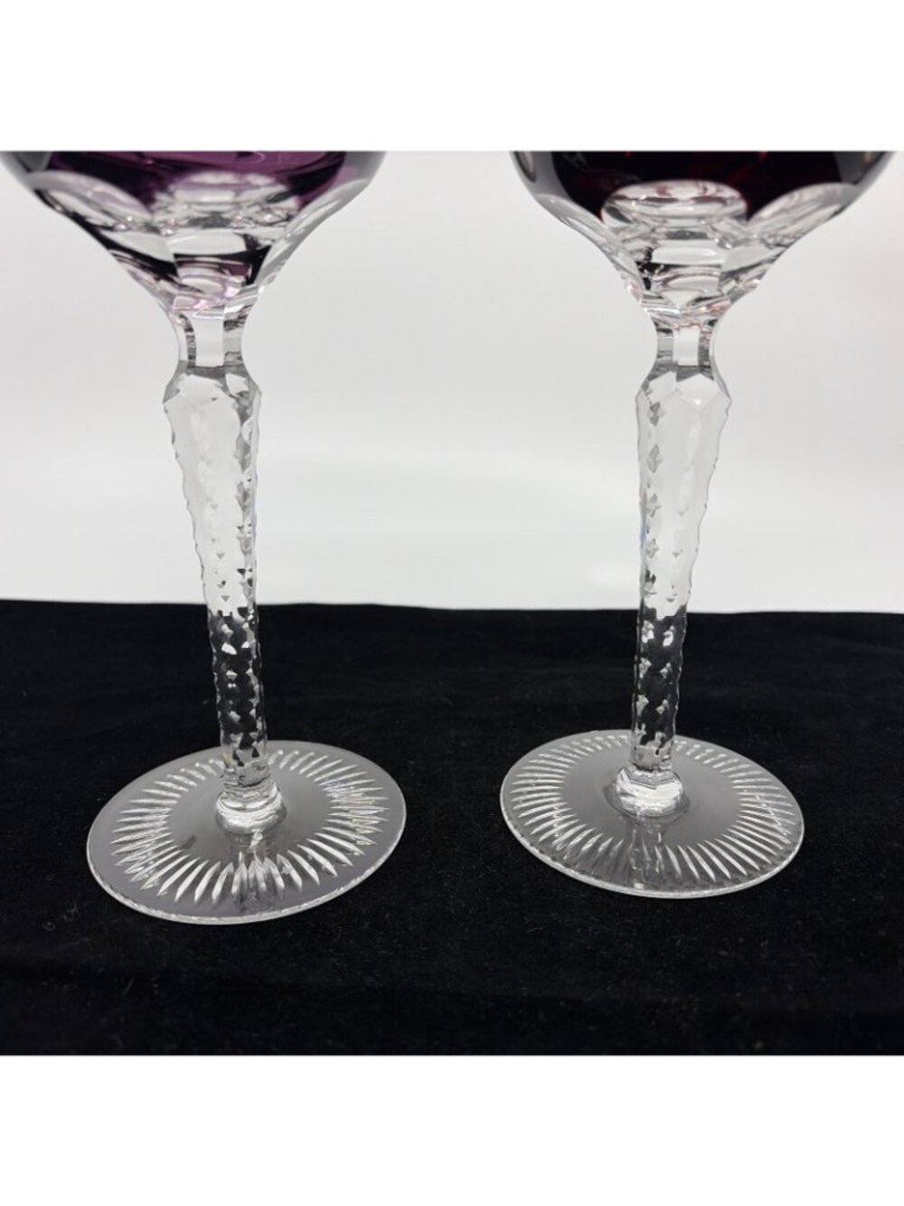 2 Ajka Marsala Tall Hock Wine Glasses Cut to Clear Ruby Red Amethyst 8" Vintage - Picture 3 of 8